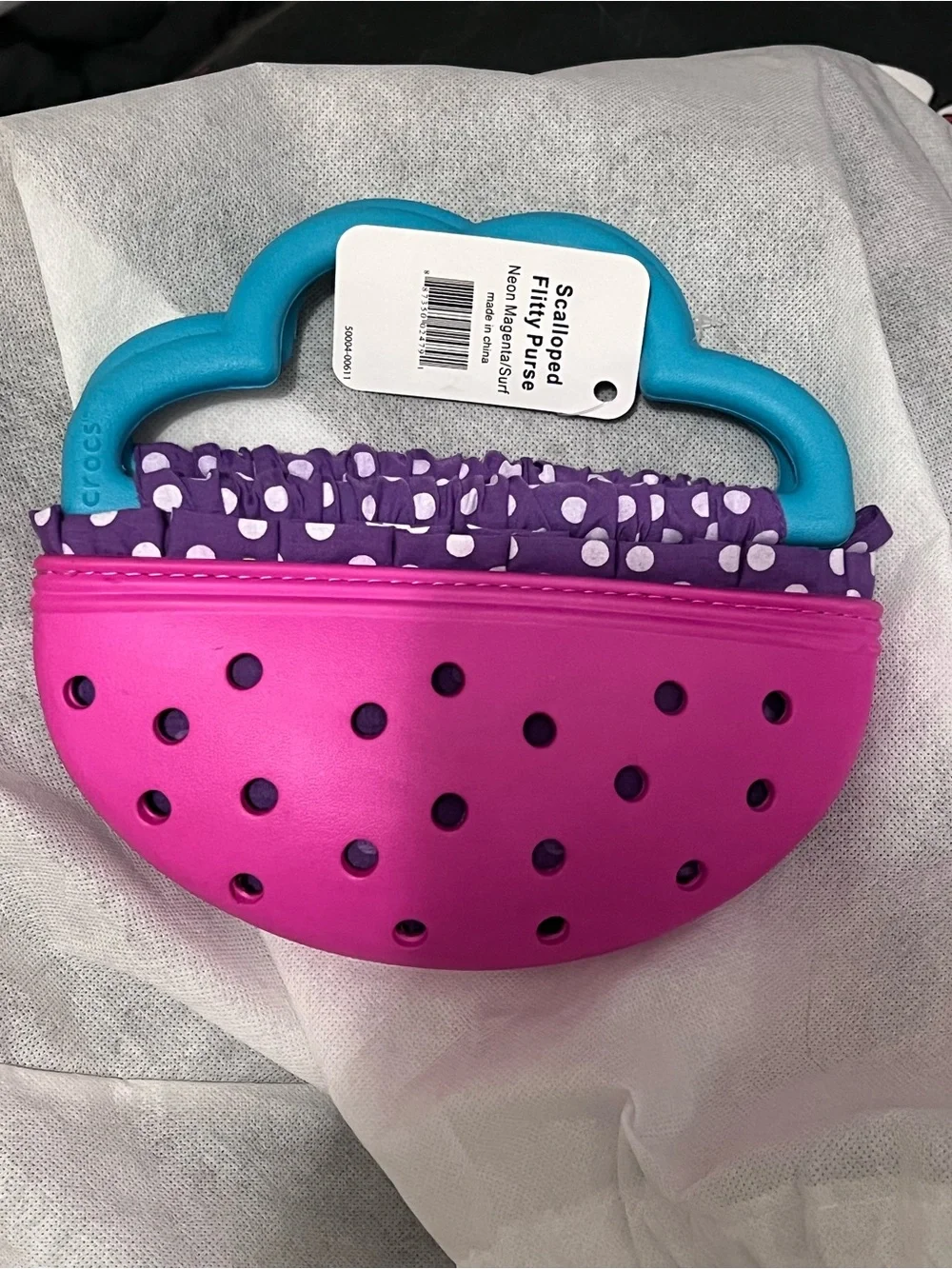 CROCS Kids Pink Bag with Purple Lining and Blue Cloud Handle